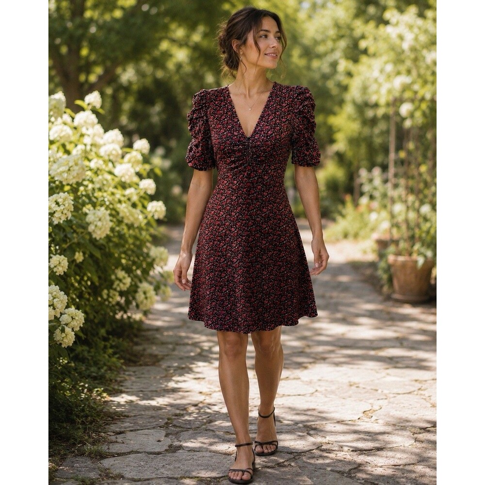 GAP Rose Print Mini Dress Ruched Women’s  S Fit & Flare Black Red Pink Cottage
